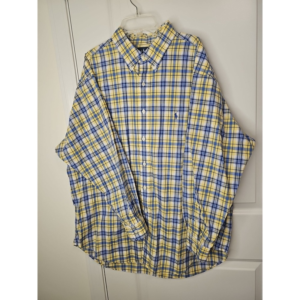 Ralph Lauren Mens Yellow Blue Check Sz 17 1/2 Pony Logo Cotton Button Down Shirt